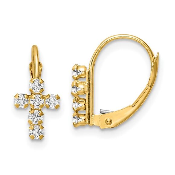 Kazi Luxury 14k Yellow Gold CZ Polished Leverback Cross Earrings